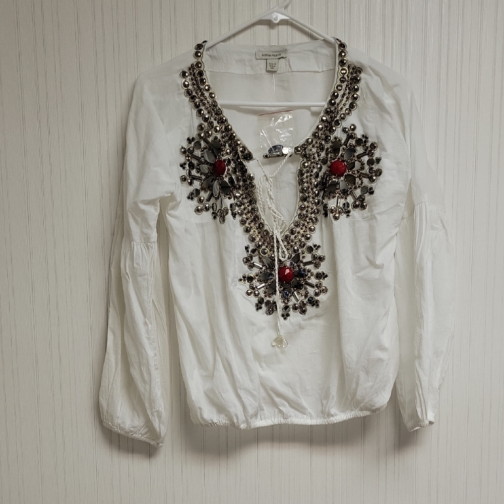 Boston Proper White beaded peasant Blouse Small boho hippie New